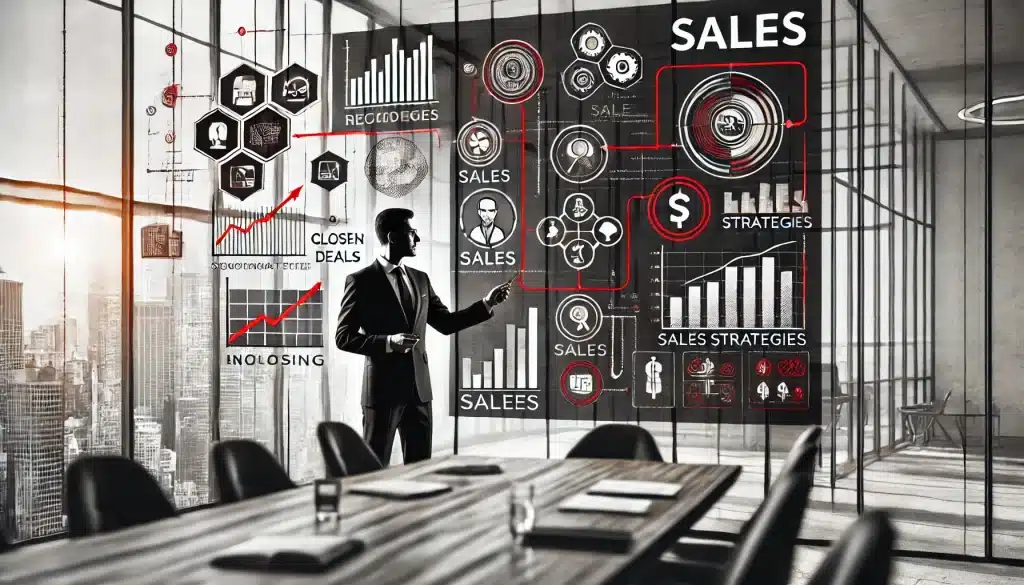 Especialista em Vendas Dando uma Apresentação: "Um especialista em vendas profissional dando uma apresentação em um escritório moderno, com janelas grandes, gráficos, tabelas e ícones relacionados a vendas em tons de preto e vermelho. A ênfase está em estratégias de vendas e crescimento
