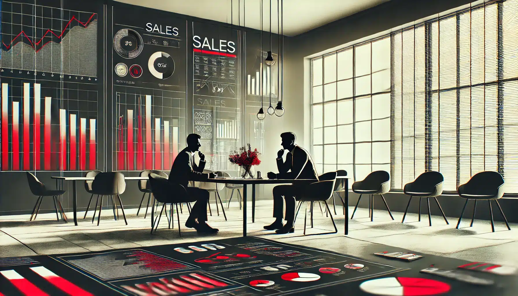 Um especialista em vendas e um cliente sentados em uma mesa, discutindo detalhes de uma negociação, com elementos de um escritório moderno ao fundo