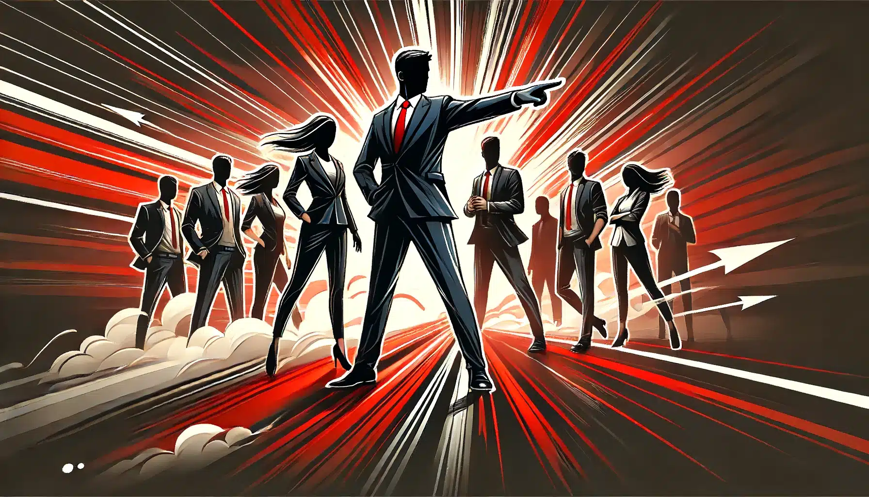 Líder confiante guiando uma equipe com fundo dinâmico em vermelho e preto