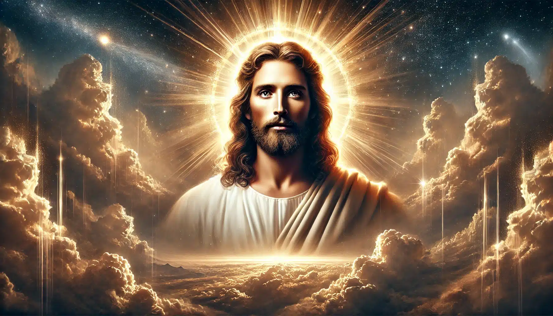 Uma majestosa representação de Jesus Cristo em destaque em um cenário celestial radiante. Ele possui um suave halo dourado em torno da cabeça e veste mantos fluidos, iluminados por feixes de luz dourada. O fundo traz nuvens brilhantes, um céu estrelado e montanhas distantes, criando uma atmosfera de tranquilidade e reverência divina.