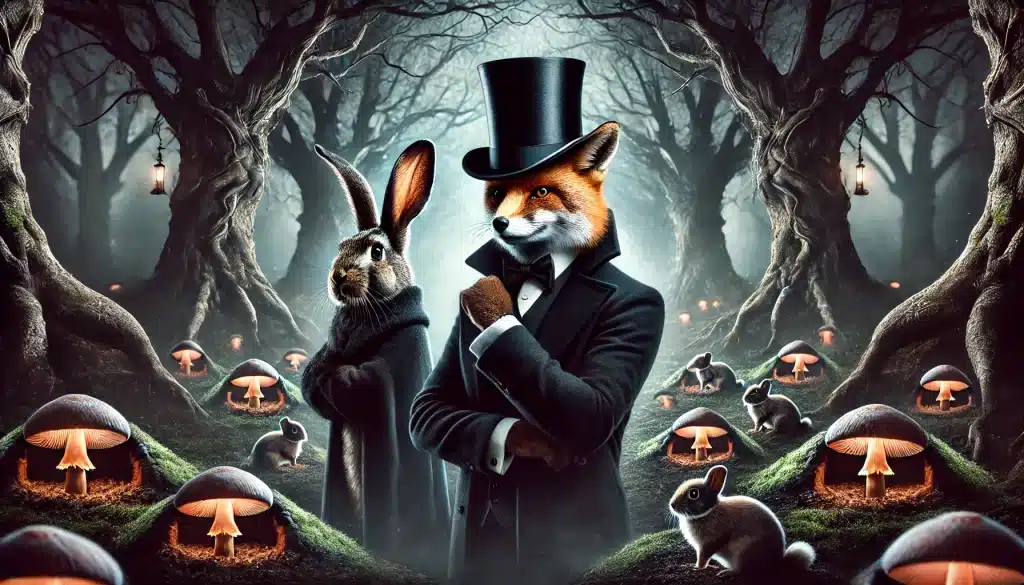 Uma raposa e um coelho vestidos elegantemente com cartolas pretas, posicionados em uma floresta sombria e mística. A raposa exibe confiança, enquanto o coelho olha estrategicamente para o lado. Ao fundo, o chão da floresta está repleto de buracos e cogumelos iluminados, com árvores retorcidas e um clima misterioso.
