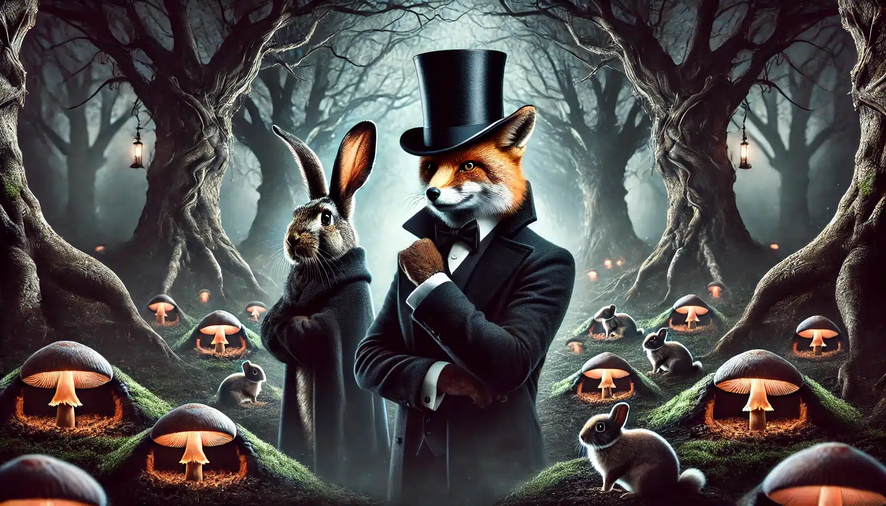 Uma raposa e um coelho vestidos elegantemente com cartolas pretas, posicionados em uma floresta sombria e mística. A raposa exibe confiança, enquanto o coelho olha estrategicamente para o lado. Ao fundo, o chão da floresta está repleto de buracos e cogumelos iluminados, com árvores retorcidas e um clima misterioso.
