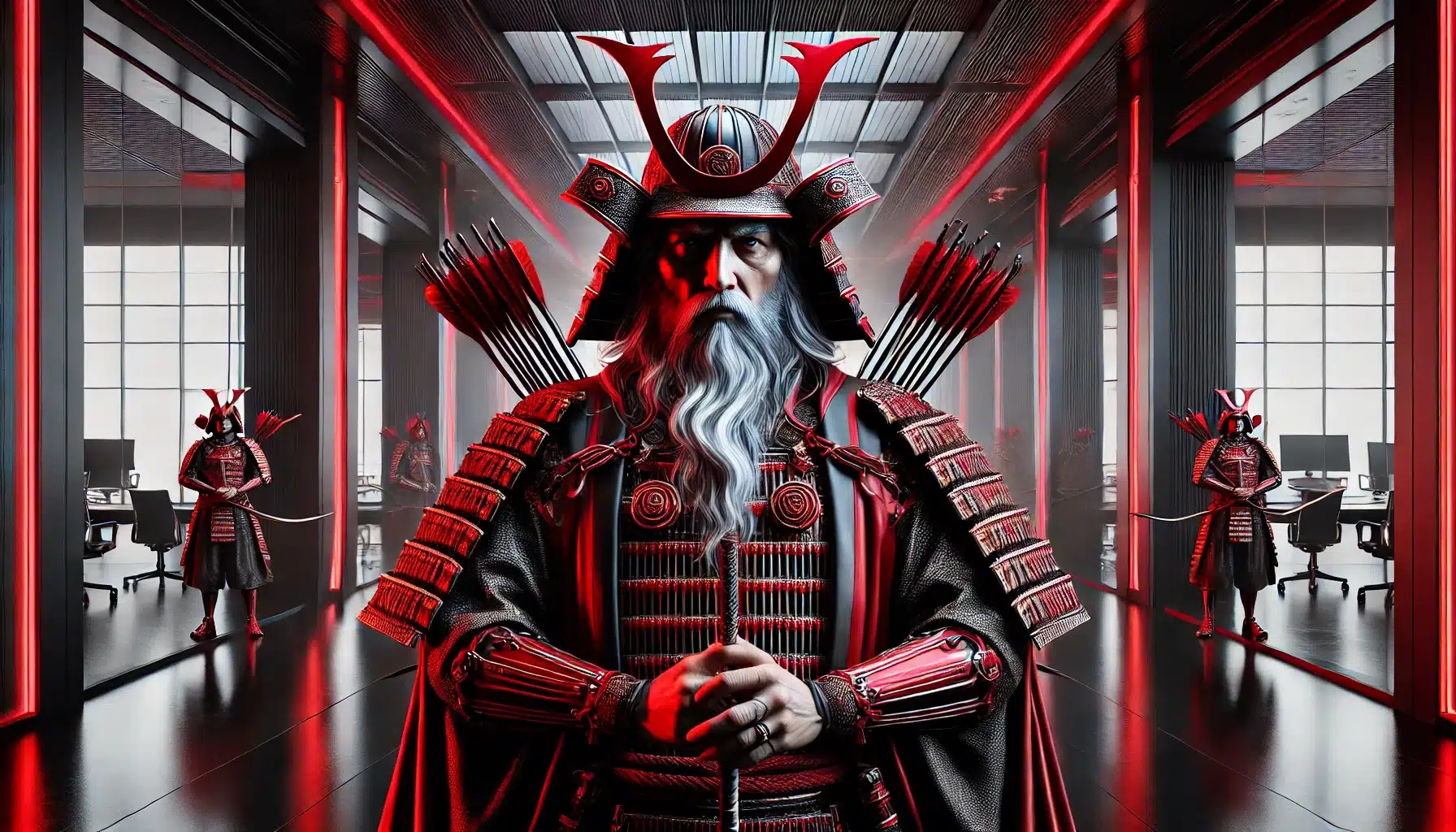 Um samurai em destaque, usando uma armadura tradicional detalhada, segura um feixe de flechas em um ambiente corporativo futurista com tons vermelhos e pretos. O fundo apresenta um escritório moderno com painéis brilhantes e reflexos, criando um contraste entre o clássico e o contemporâneo.