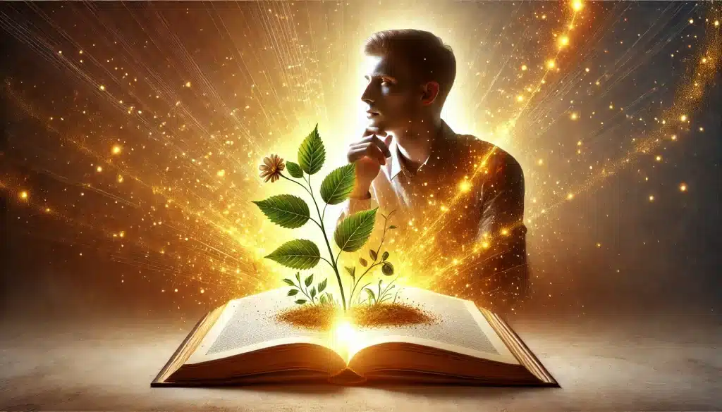 Uma árvore mágica formada por livros, com raízes de pilhas de livros e galhos compostos de páginas abertas e folhas brilhantes. A árvore irradia uma luz dourada em um cenário com céu sereno e tons quentes de pôr do sol, criando uma atmosfera inspiradora e transformadora.