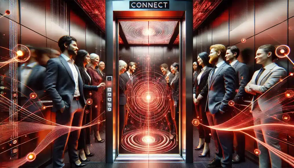 Pessoas diversas em um elevador moderno, interagindo com expressões emocionais reais, enquanto uma delas pressiona um botão brilhante escrito "CONNECT". A porta do elevador revela luzes abstratas em vermelho e preto, simbolizando energia e conexão.