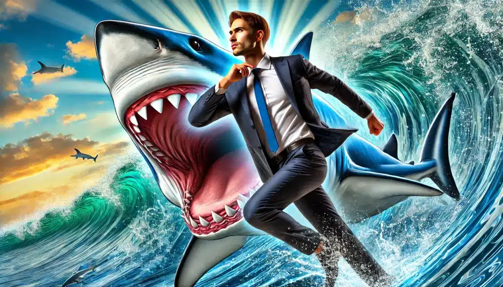 Um vendedor elegante em traje formal corre confiante, emergindo das mandíbulas de um tubarão gigante. Ao fundo, ondas dinâmicas e um céu colorido de azul e dourado criam uma atmosfera vibrante e ousada.