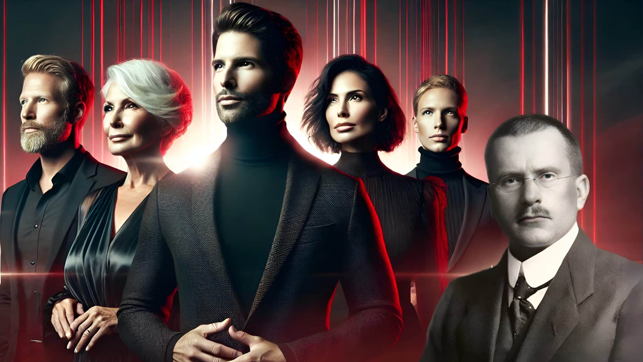 Grupo de cinco pessoas mais Carl jung, confiantes, todos na faixa dos 40 anos, vestindo trajes elegantes em tons de preto e vermelho. Eles estão em pé juntos diante de um fundo abstrato em preto e vermelho, com expressões de determinação e reflexão.