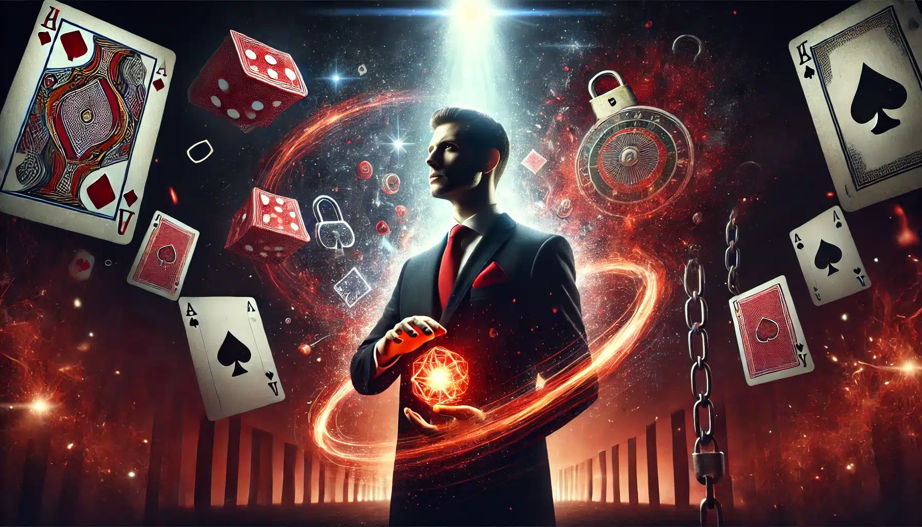 Um homem elegante, com um terno preto e gravata vermelha, segura uma esfera brilhante em suas mãos. Ao seu redor, cartas de baralho, cadeados e correntes flutuam em um ambiente envolto por energia cósmica em tons de vermelho e preto, simbolizando inovação e poder.