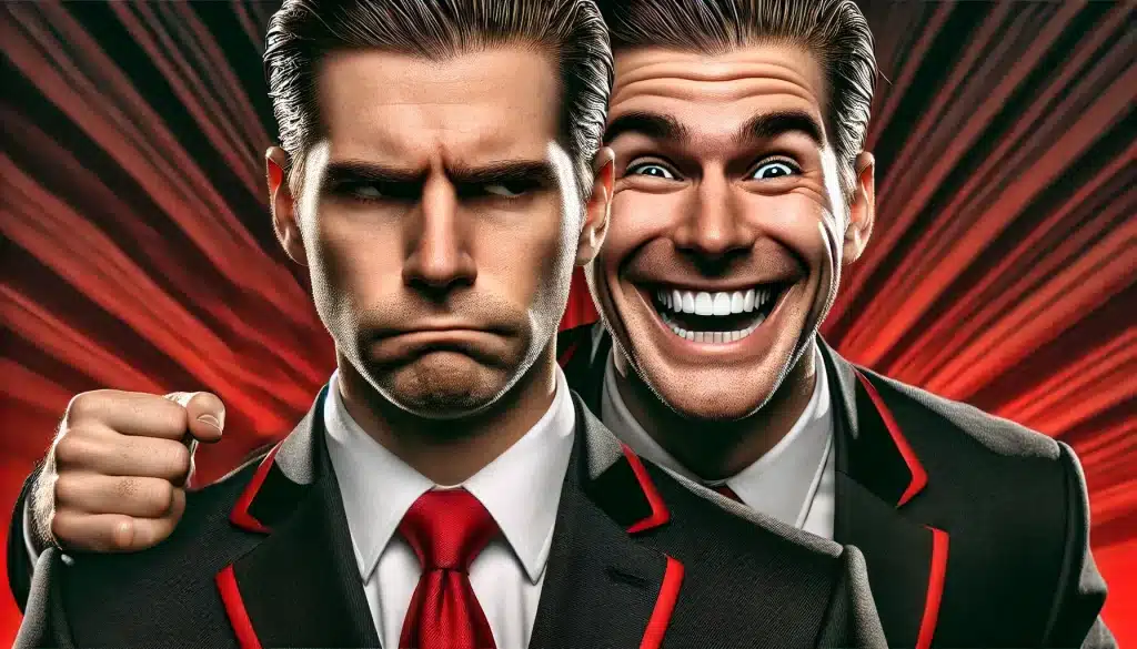 Dois homens de terno, um de expressão fechada e séria, e outro sorrindo amplamente de forma confiante. O contraste das emoções é acentuado para provocar humor e curiosidade.
