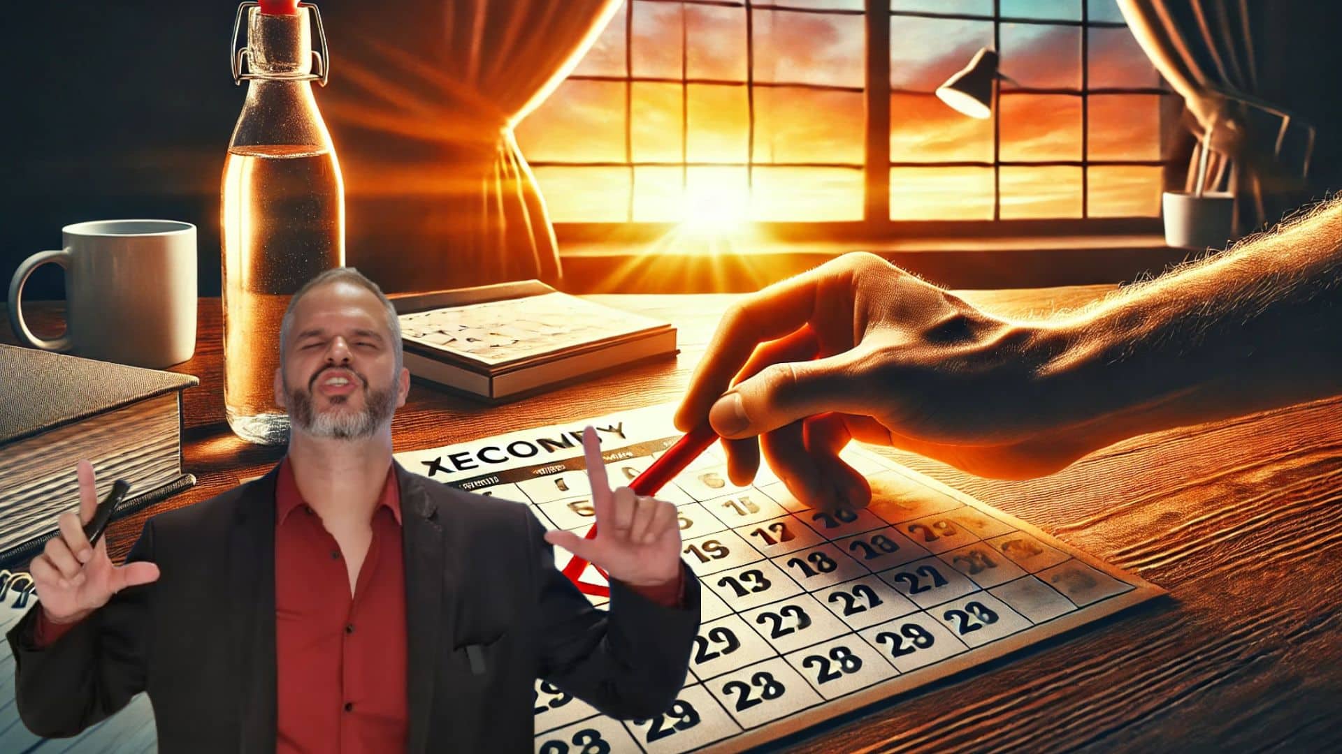 Pessoa marcando um "X" vermelho em um calendário de papel enquanto o sol nasce ao fundo, simbolizando disciplina e consistência diária. Em primeiro plano, um palestrante gesticula com entusiasmo, reforçando a mensagem motivacional.