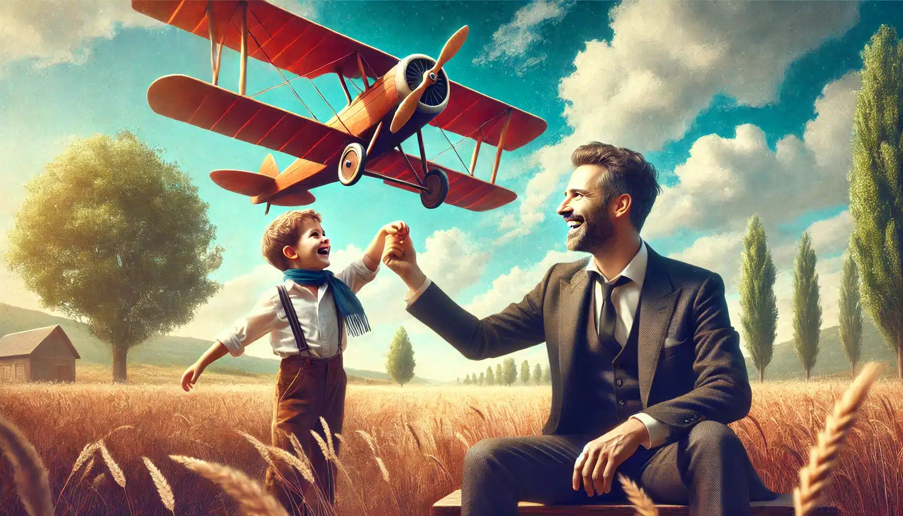 Adulto e criança em um campo ensolarado, sorrindo alegremente. O adulto veste um traje elegante e observa a criança, que segura um grande avião vermelho. O cenário inclui árvores e um céu azul.