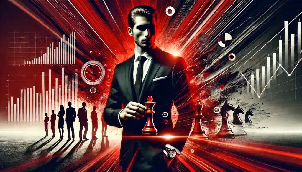 Empresário confiante segurando uma peça de xadrez, representando estratégia e psicologia reversa nas vendas, com um fundo dinâmico em tons de vermelho e preto.