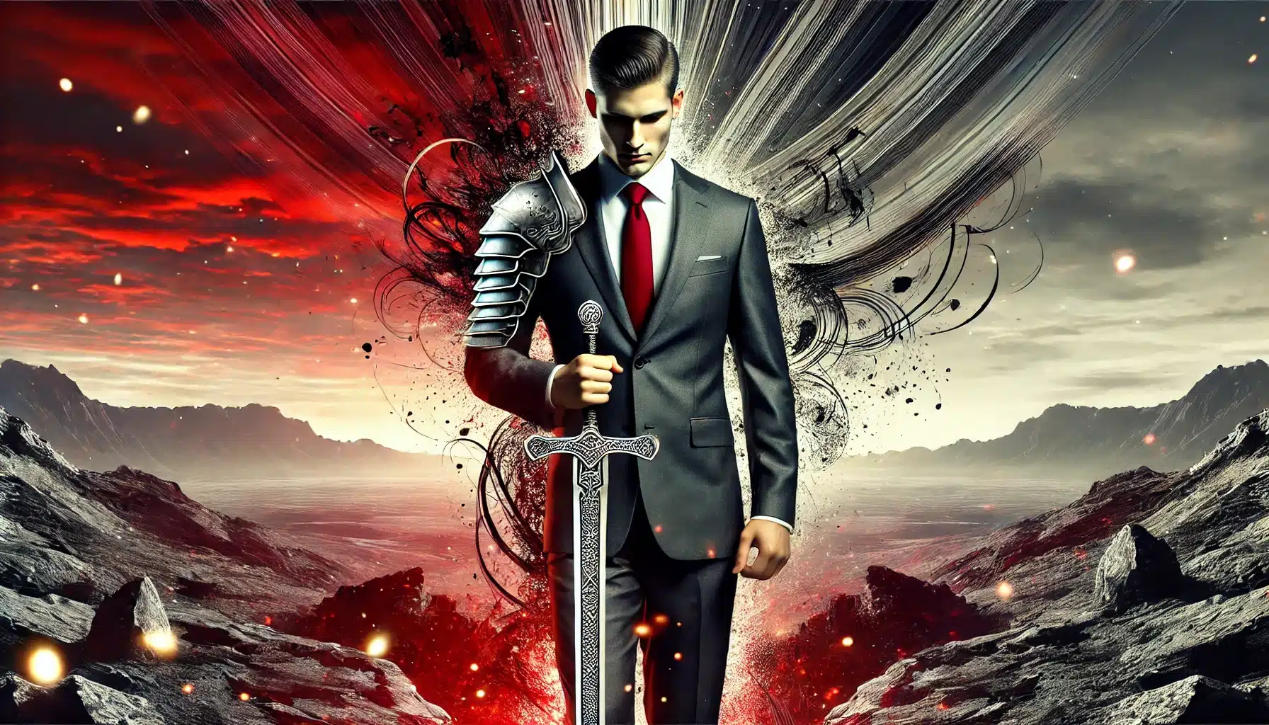 Um guerreiro moderno em traje social, segurando uma espada com detalhes intricados, em um cenário vermelho e preto de ambição e superação.