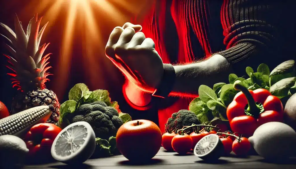 Pessoa fazendo uma escolha alimentar saudável com energia e determinação, destacando frutas e vegetais frescos em uma paleta de cores preta e vermelha.