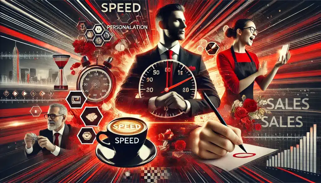 Imagem temática de negócios representando os conceitos de velocidade, personalização e emoção em vendas. Mostra um profissional em movimento simbolizando rapidez, um barista escrevendo o nome de um cliente em um copo de café e uma interação de vendas com expressões entusiasmadas. A paleta de cores é dominada por tons de vermelho e preto, transmitindo energia e impacto visual.