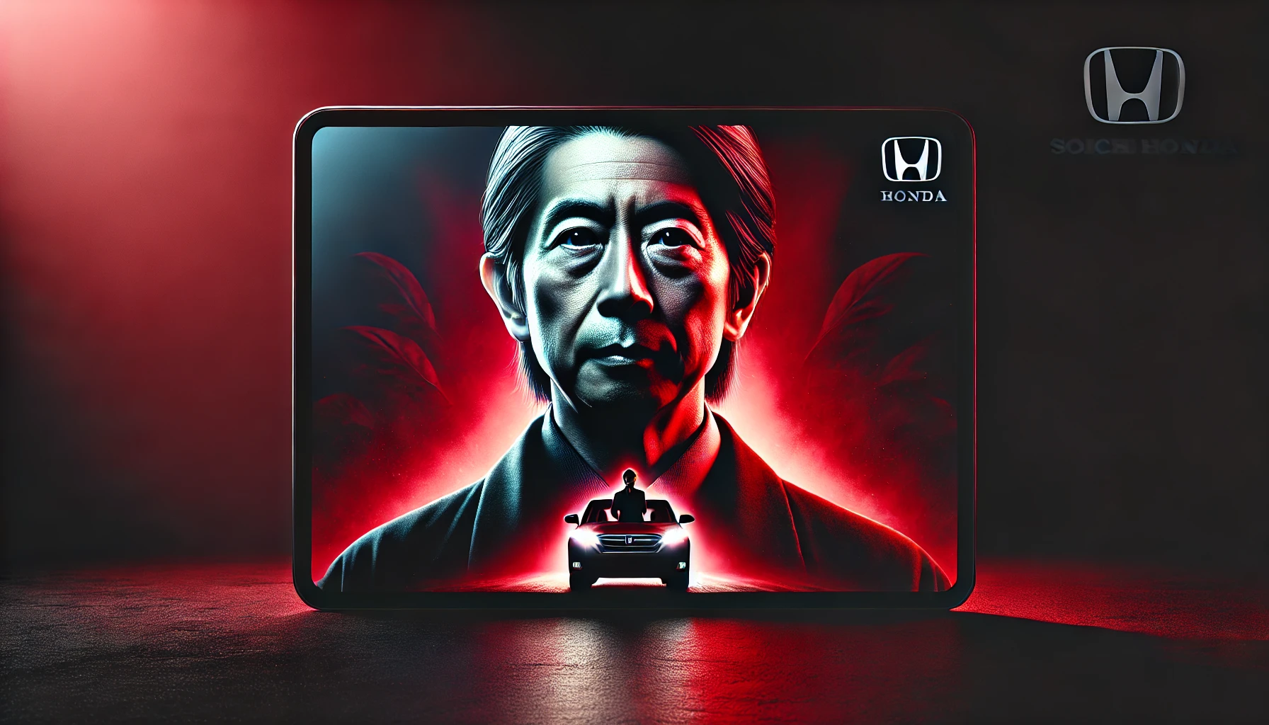 Imagem hiper-realista de Soichiro Honda com expressão determinada, em tons dramáticos de preto e vermelho. O fundo mistura sombras escuras com um brilho vermelho intenso, simbolizando sua jornada de rejeição à inovação e sucesso.
