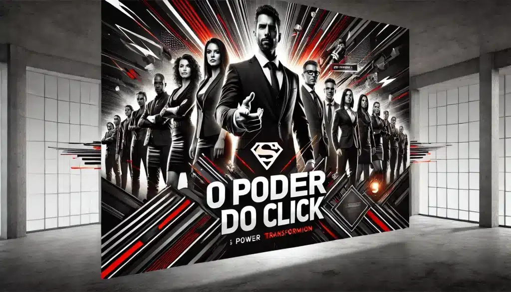 Grupo de profissionais confiantes e determinados em poses poderosas, com paleta de cores preta e vermelha, iluminação dramática e a palavra "PODER" destacada ao centro, transmitindo energia, motivação e alta performance.