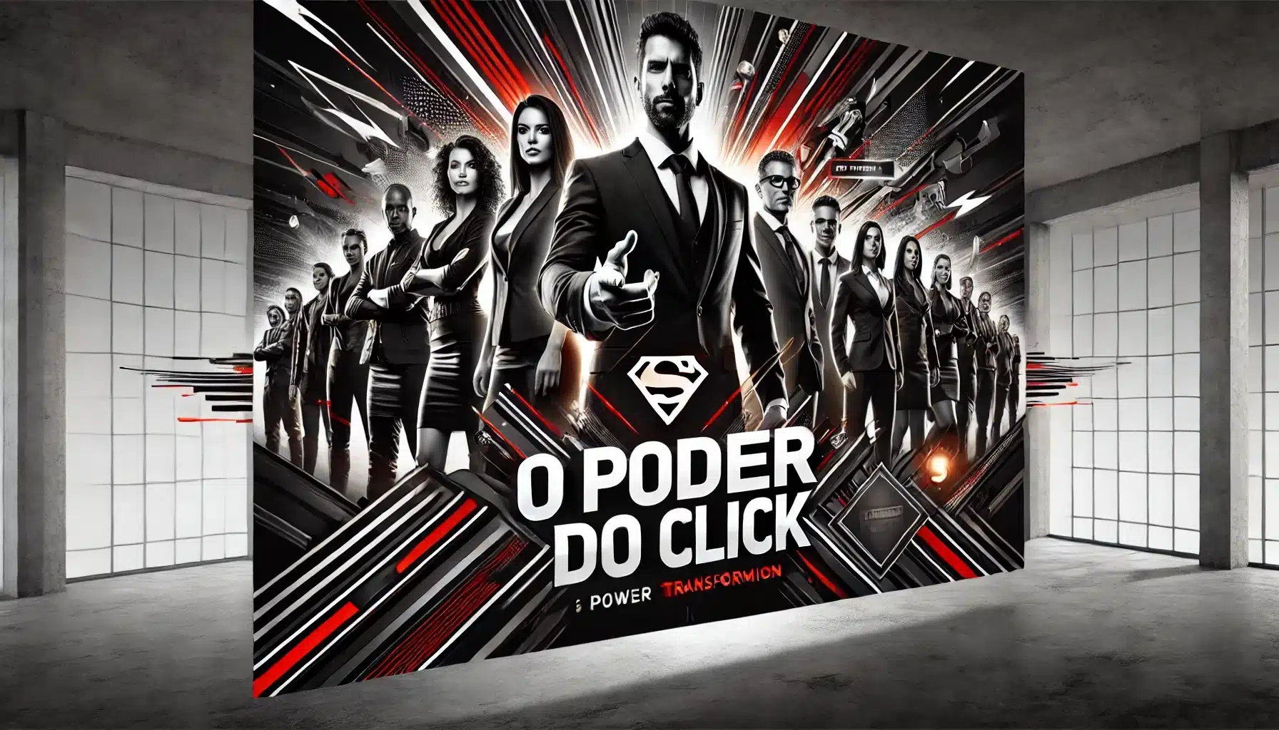 Grupo de profissionais confiantes e determinados em poses poderosas, com paleta de cores preta e vermelha, iluminação dramática e a palavra "PODER" destacada ao centro, transmitindo energia, motivação e alta performance.