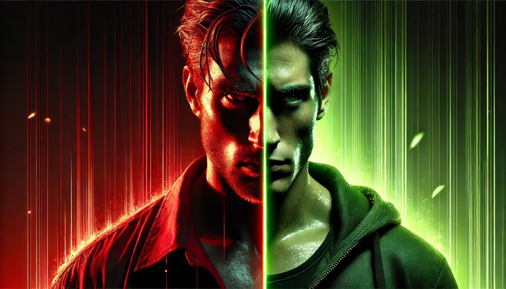 Imagem hiper-realista dividida em duas partes: à esquerda, um homem vestido de vermelho, com expressão tensa e iluminado por tons escuros de vermelho e preto, simbolizando dificuldade e pressão. À direita, um homem vestido de verde, com expressão confiante e iluminado por uma luz vibrante, representando superação e sucesso.