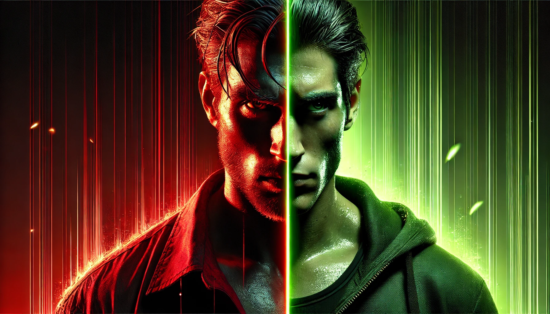 Imagem hiper-realista dividida em duas partes: à esquerda, um homem vestido de vermelho, com expressão tensa e iluminado por tons escuros de vermelho e preto, simbolizando dificuldade e pressão. À direita, um homem vestido de verde, com expressão confiante e iluminado por uma luz vibrante, representando superação e sucesso.