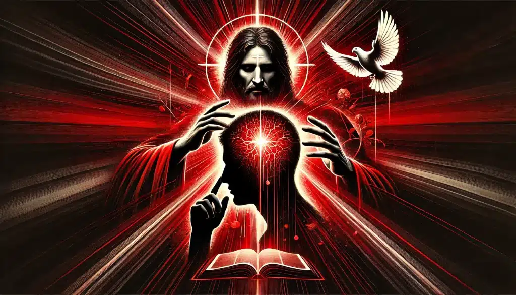 Jesus em um cenário de cura espiritual com tons dramáticos de preto e vermelho, transmitindo força e esperança.