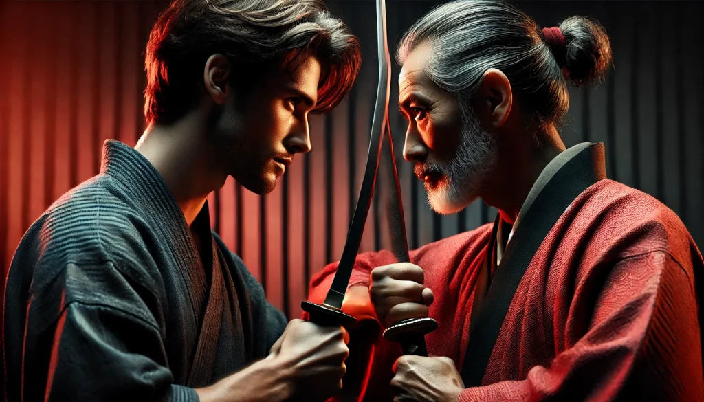 Dois samurais se enfrentam em um duelo com expressões claras de respeito e determinação, em um cenário de tons vermelhos e negros.