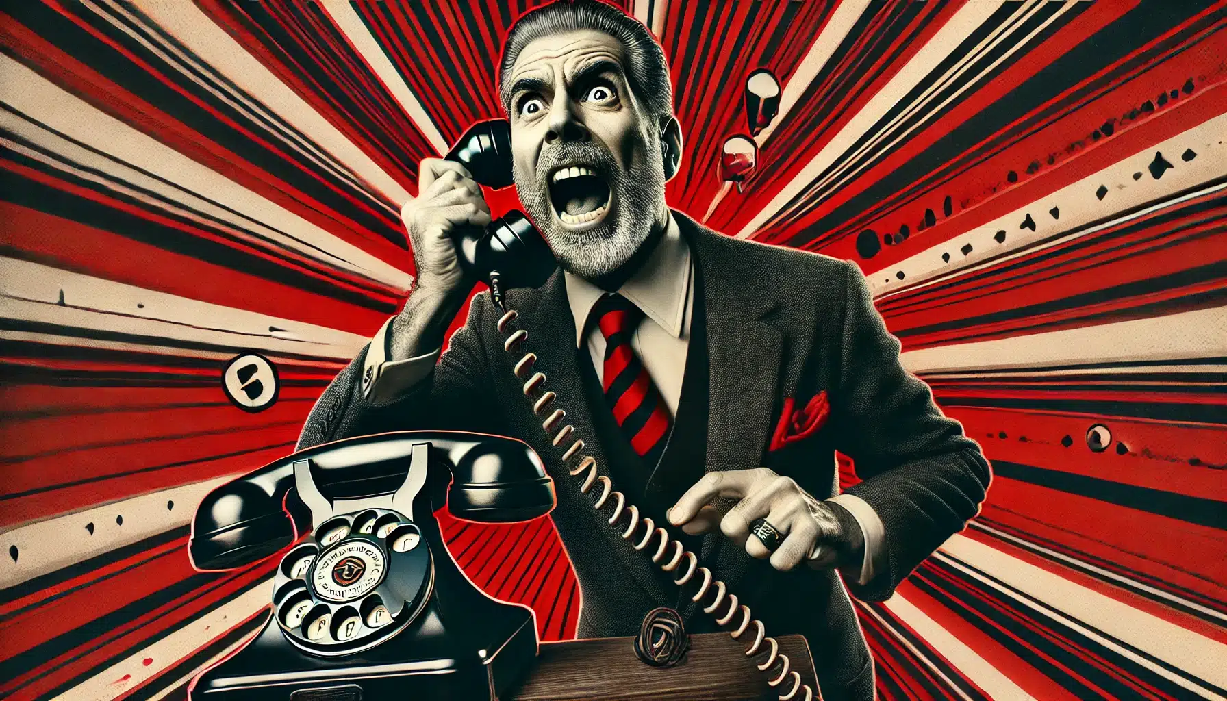 Homem adulto com expressão exausta, mas sorridente, segurando um telefone antigo em um cenário dinâmico com tons de vermelho e preto. Ao fundo, um grande relógio e raios de movimento simbolizam pressa e eficiência.