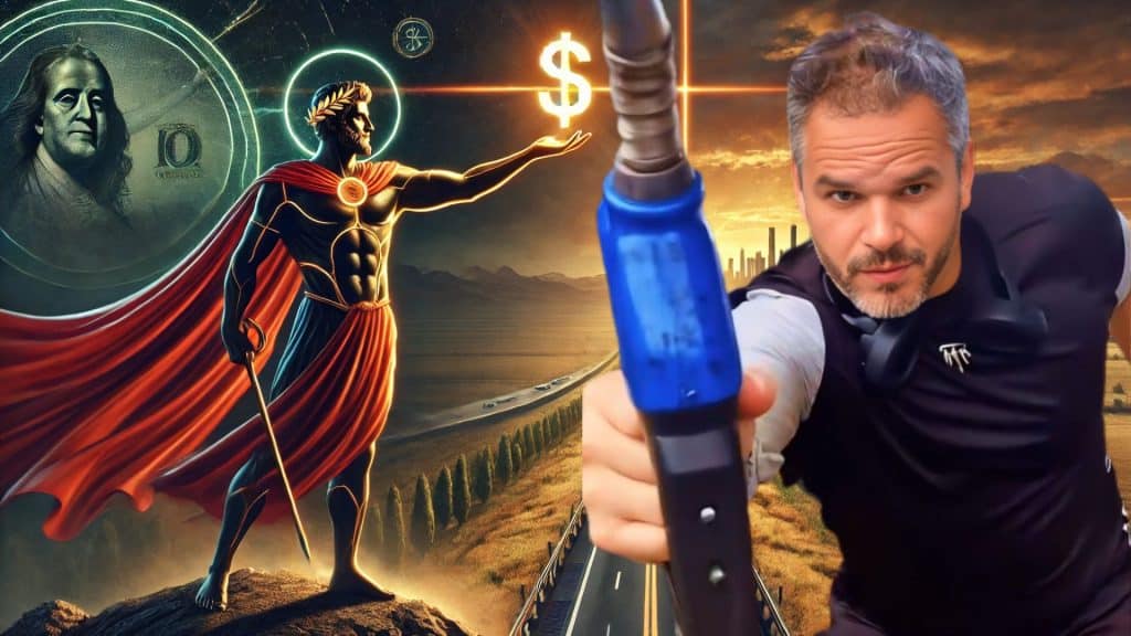 Imagem inspiradora com uma cena composta por dois elementos principais: à esquerda, uma figura heroica e divina, de capa vermelha, segurando um símbolo brilhante de dinheiro. À direita, um homem real em destaque, segurando um bico de combustível azul em direção à câmera, em uma pose dinâmica.