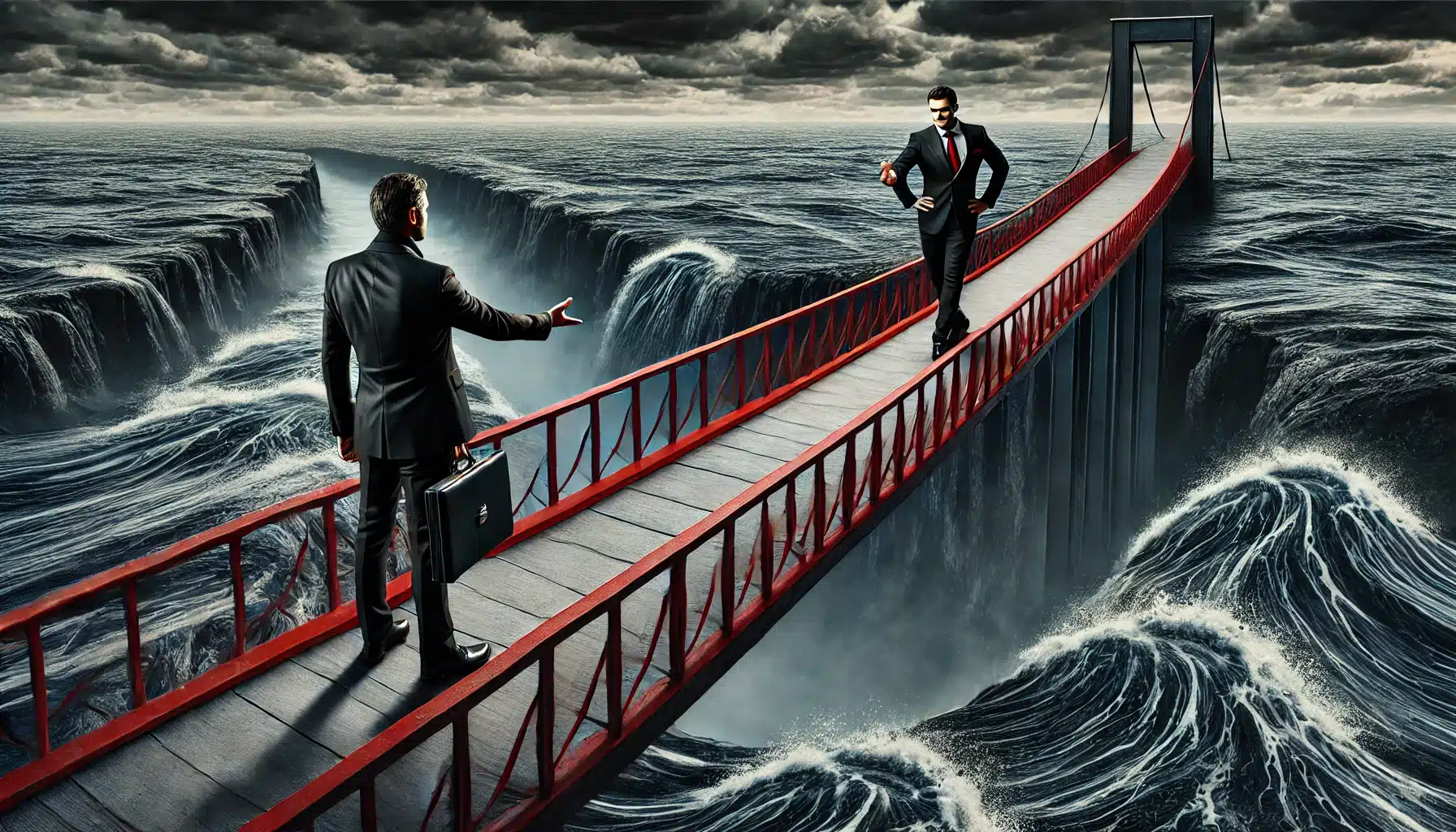 Fotografia realista mostrando um vendedor confiante em terno preto e vermelho estendendo a mão para um cliente hesitante atravessar uma ponte firme sobre um rio turbulento, com atmosfera dramática e toque sutil de humor e tensão.
