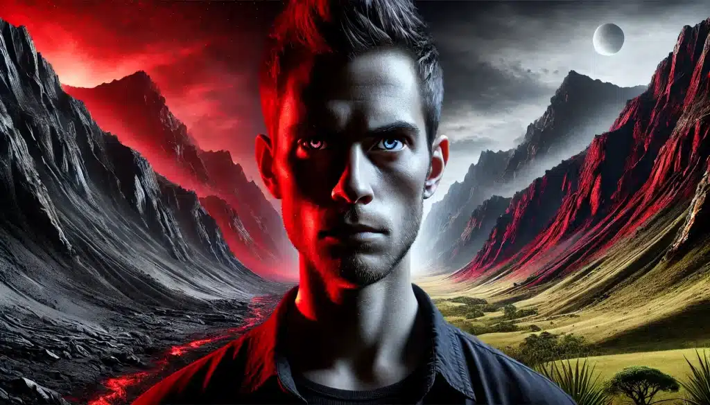 Close-up hiper-realista de uma pessoa com expressão determinada, iluminada por tons intensos de vermelho e preto. Ao fundo, um vale dramático com montanhas escuras e realces vermelhos, simbolizando superação e força interior.