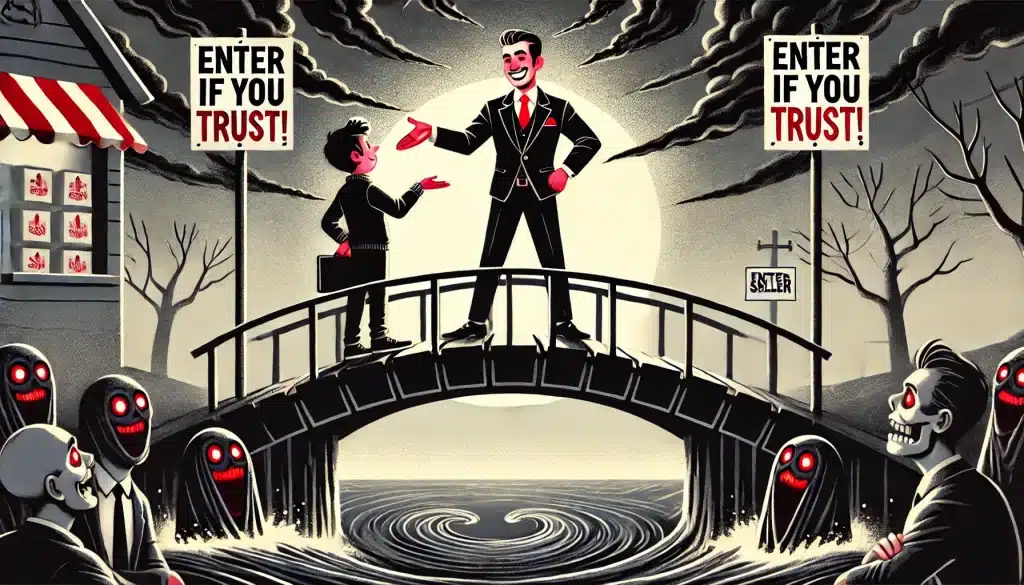 Ilustração cômica e levemente assustadora de um vendedor confiante em terno preto e vermelho estendendo a mão para um cliente hesitante atravessar uma ponte sólida sobre um rio turbulento, com toques de humor e terror na cena.
