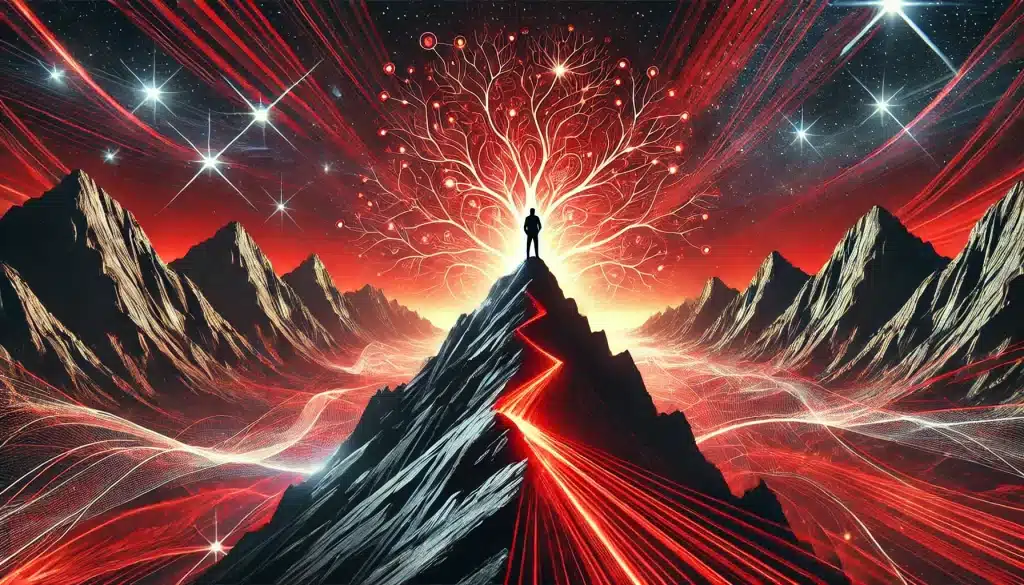 Pessoa de pé no topo de uma montanha, observando um caminho futurista brilhante à sua frente. O fundo exibe conexões neurais abstratas, simbolizando reprogramação mental e criação de hábitos. A paleta de cores é preta e vermelha, transmitindo força e determinação.