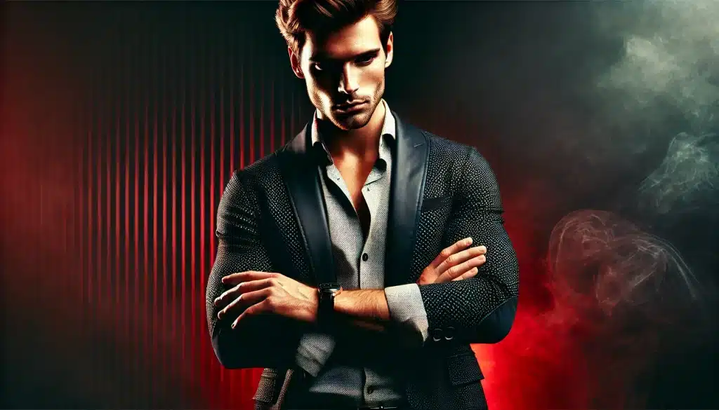 Homem confiante de braços cruzados, em fundo com tons impactantes de preto e vermelho, representando foco e motivação.
