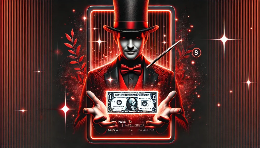 Close-up hiper-realista de uma pessoa vestida como mágico, com expressão confiante, segurando dinheiro brilhante que parece levitar. A iluminação em tons de vermelho e preto cria um clima dramático, enquanto partículas luminosas flutuam ao redor, simbolizando a combinação de inteligência financeira e magia.