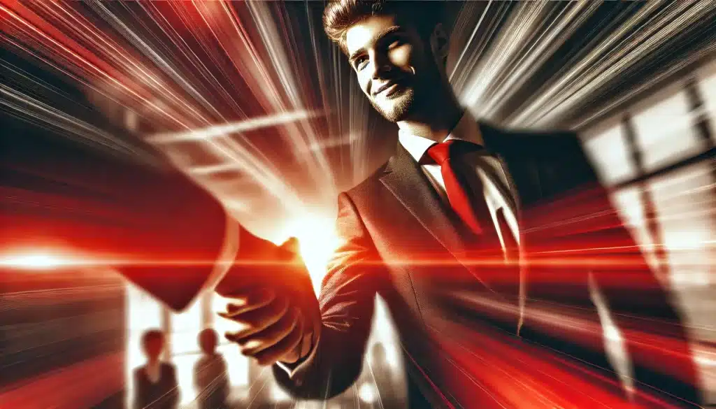 Vendedor confiante fechando um negócio com um cliente satisfeito, representando sucesso em vendas, em uma paleta de cores preta e vermelha.