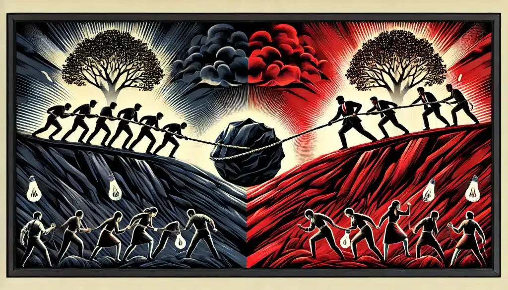 Ilustração em tons de preto e vermelho mostrando dois estilos de liderança. À esquerda, um grupo de pessoas empurra uma grande pedra morro acima, simbolizando esforço imposto e sem direção clara. À direita, um líder puxa uma corda com determinação, seguido por uma equipe motivada e engajada. Ao fundo, uma árvore representa crescimento e legado.