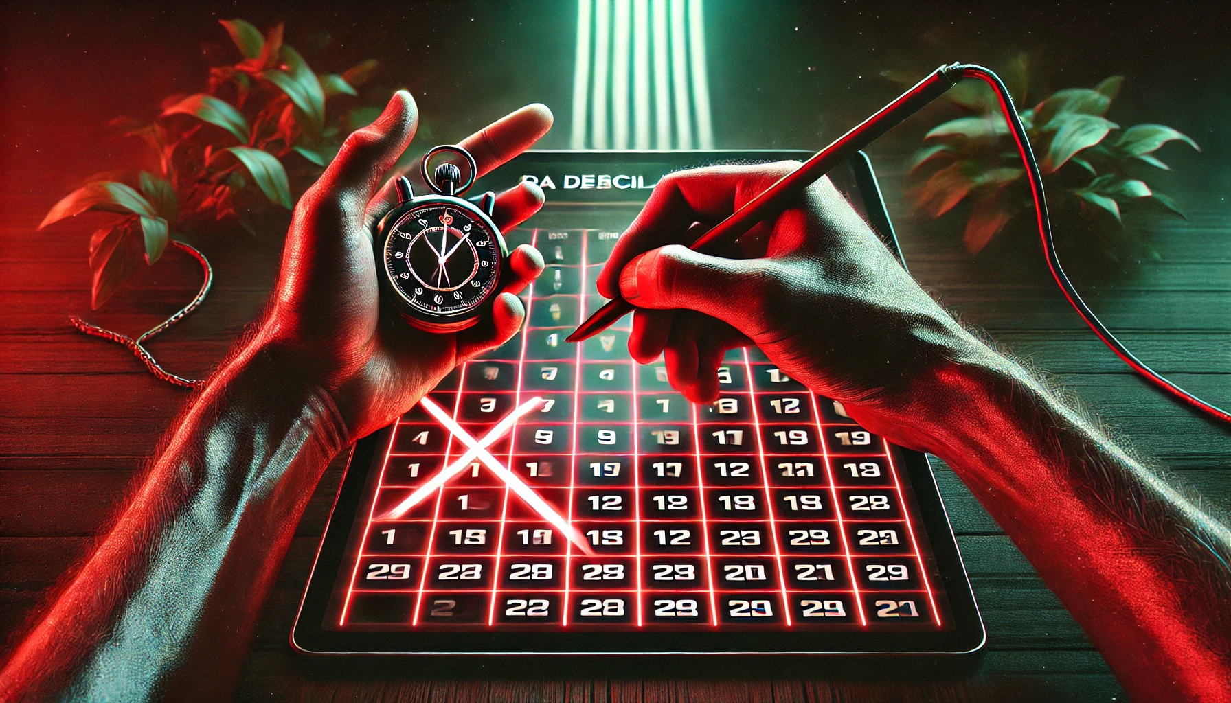 Imagem hiper-realista mostrando duas mãos: uma marcando um calendário com um X vermelho, simbolizando a técnica Streaks e a construção de hábitos, e a outra segurando um cronômetro, representando disciplina e controle do tempo. A iluminação dramática em tons de vermelho e preto enfatiza intensidade e foco, enquanto um leve brilho verde no fundo sugere progresso e sucesso.