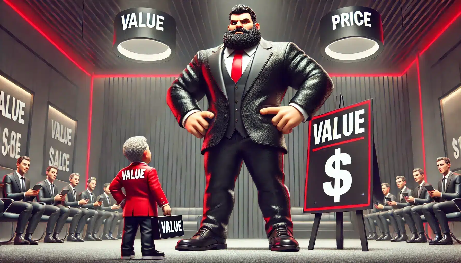 Ilustração divertida mostrando um gigante confiante de terno preto e vermelho ao lado de um anão preocupado segurando uma placa com o símbolo do cifrão ($), representando a relação entre valor e preço nas vendas.