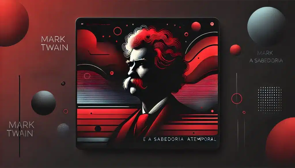 Imagem retangular com tons de vermelho e preto, apresentando um fundo com degradê entre vermelho escuro e preto. À esquerda, há uma silhueta sutil e minimalista de Mark Twain com seu característico bigode e cabelo encaracolado. Elementos abstratos e suaves compõem o fundo, criando um ambiente de reflexão e sabedoria.