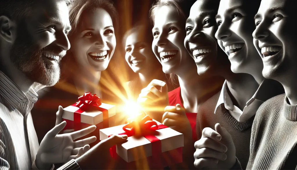 Grupo de pessoas sorrindo e interagindo de forma calorosa em um ambiente vibrante com tons de preto e vermelho, representando felicidade e conexão genuína.