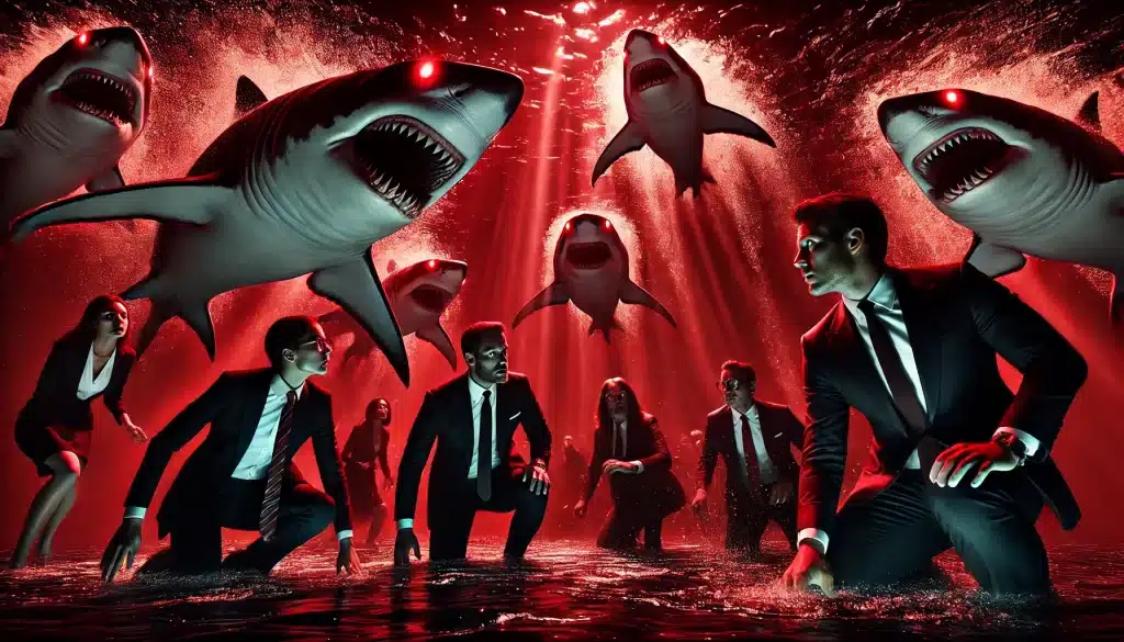 Um grupo de empresários e empresárias elegantemente vestidos está submerso em um ambiente escuro e sinistro, cercado por tubarões gigantes com olhos vermelhos brilhantes. As expressões dos profissionais variam entre medo e determinação, enquanto os tubarões os observam de perto. A água é turva, com feixes de luz vermelha cortando a escuridão, criando uma atmosfera intensa e opressora.