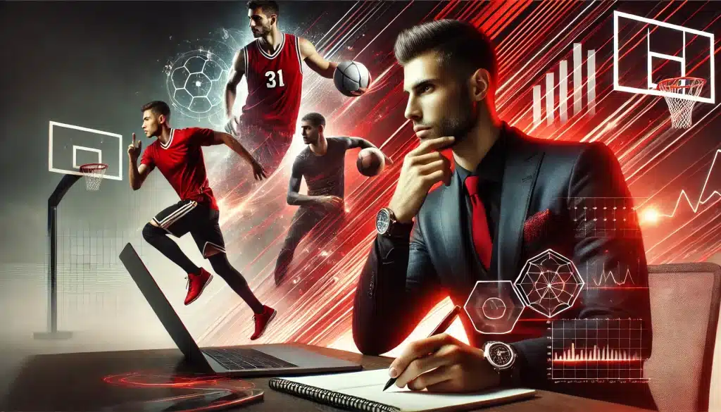 : Empresário estrategizando seu dia, inspirado por atletas, com um fundo dinâmico em tons de vermelho e preto.