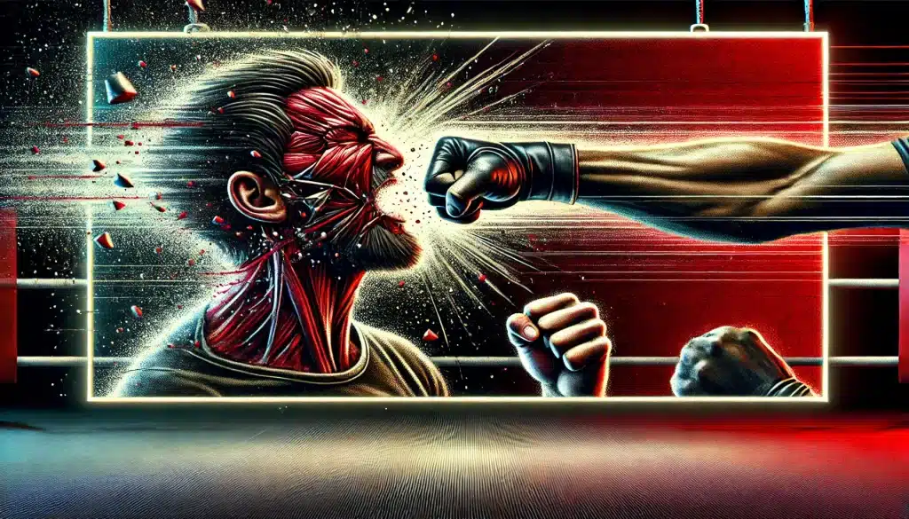Pessoa recebendo um soco no rosto com impacto visível; braço do agressor em destaque, partículas e suor voando, em uma cena dinâmica com cores vermelha e preta.
