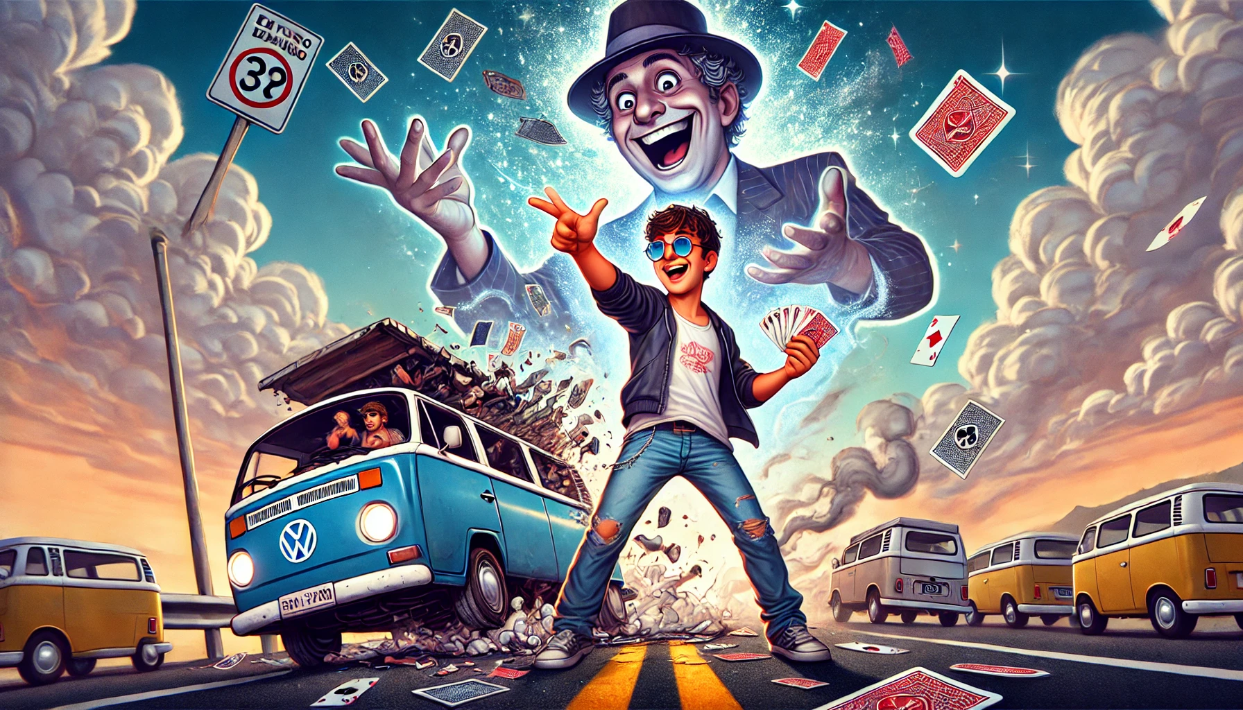Ilustração caricata e colorida de um jovem mágico brasileiro em cima de uma Kombi quebrada, apontando dramaticamente para o horizonte, com cartas de baralho e brilhos mágicos ao redor. No céu, uma imagem fantasiosa de Jô Soares observa a cena com expressão surpresa.