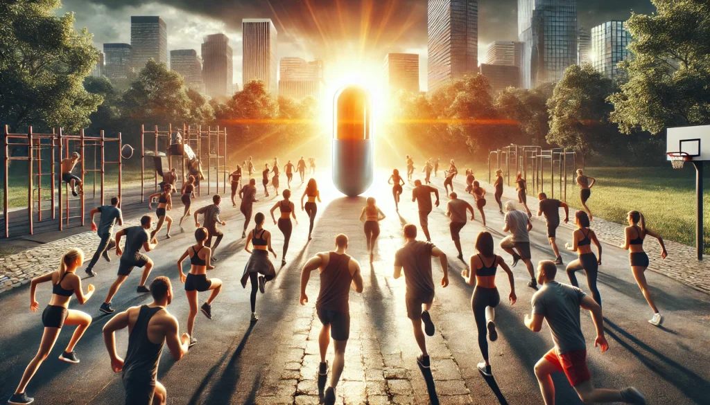 Uma cena hiper-realista ao ar livre com homens e mulheres diversos praticando exercícios físicos em um parque ensolarado. Ao centro, uma pílula gigante e brilhante flutua, simbolizando transformação e energia. A iluminação é cinematográfica, com tons quentes no estilo Kodak.