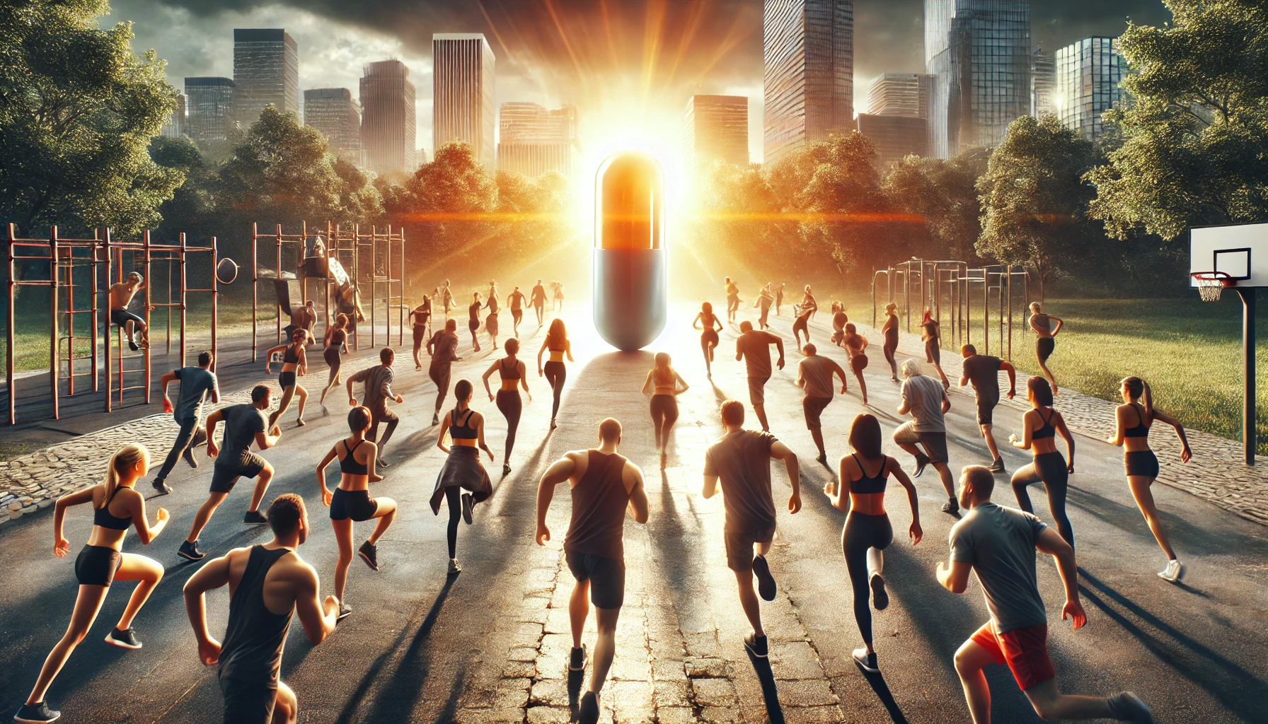 Uma cena hiper-realista ao ar livre com homens e mulheres diversos praticando exercícios físicos em um parque ensolarado. Ao centro, uma pílula gigante e brilhante flutua, simbolizando transformação e energia. A iluminação é cinematográfica, com tons quentes no estilo Kodak.