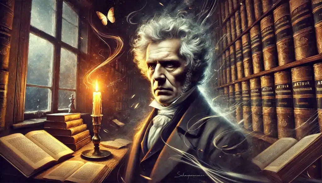 Retrato digital de Arthur Schopenhauer em um estudo à luz de velas, cercado por livros antigos. Seu olhar intenso transmite contemplação profunda, enquanto sombras dramáticas e elementos abstratos sugerem a luta entre desejo e tédio, refletindo a insatisfação humana.