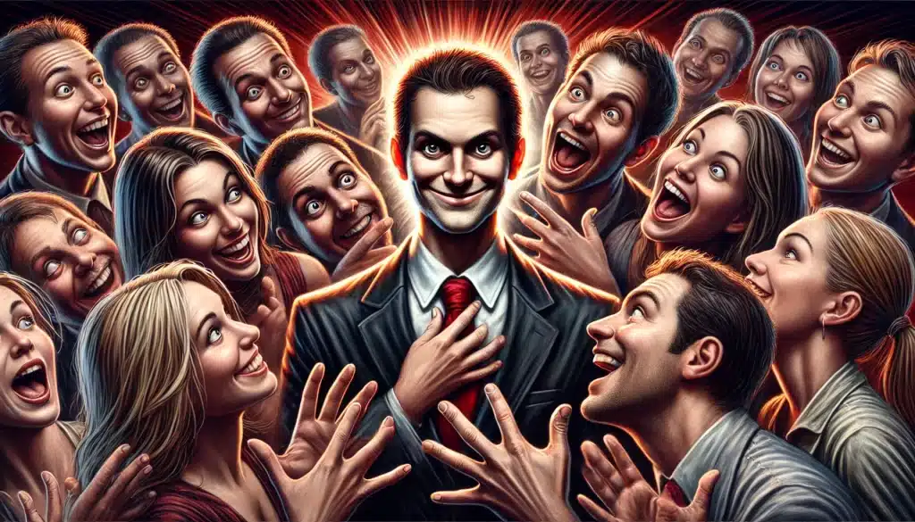 Uma cena hiper-realista e divertida mostrando uma pessoa carismática no centro de um grupo animado. Todos ao redor riem e demonstram admiração, enquanto a figura principal exibe uma expressão contagiante e gestos expressivos. O fundo em tons de vermelho e preto reforça a energia e o magnetismo do momento.