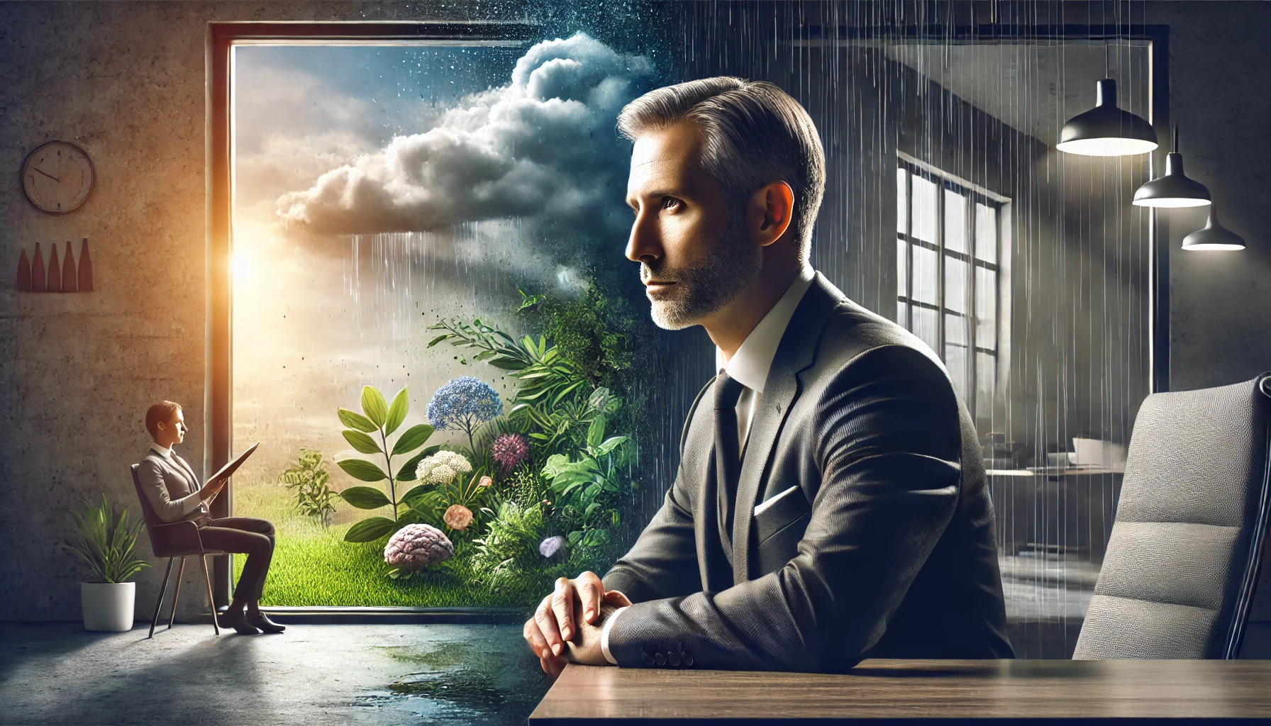 Um homem maduro de terno, sentado à mesa em um escritório moderno. Metade do ambiente está iluminado e cheio de plantas (representando pensamentos positivos), enquanto a outra metade está escura e chuvosa (representando pensamentos negativos). O rosto do homem reflete essa divisão: um lado calmo e confiante, o outro tenso e preocupado.