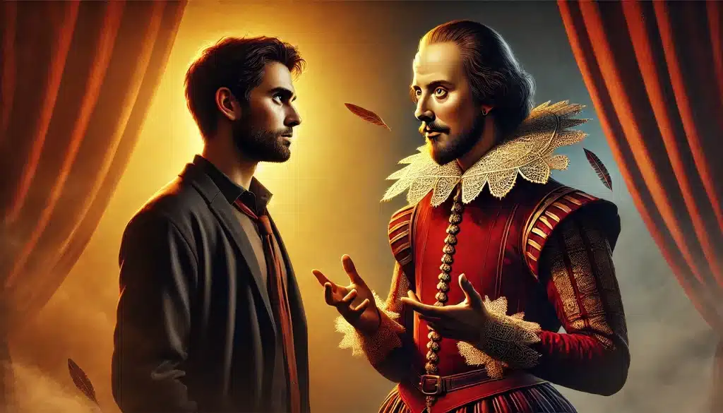 William Shakespeare, em trajes históricos detalhados, conversa com uma pessoa moderna vestida casualmente. O olhar do escritor é contemplativo, e sua mão gesticula enquanto compartilha uma lição profunda. A pessoa ao lado escuta atentamente, com um olhar de introspecção. O fundo tem iluminação dourada, simbolizando sabedoria, contrastada por tons vermelhos e pretos que trazem intensidade e profundidade à cena.
